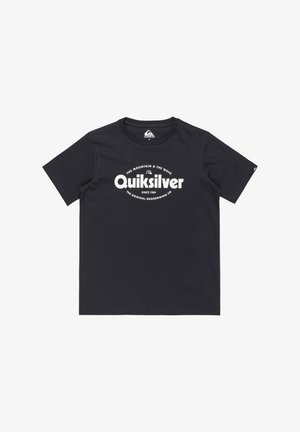 Zwarte T-shirt met korte mouwen van katoen. Voorzien van een witte bedrukte logo met de tekst "Quiksilver" en andere details op de voorkant.