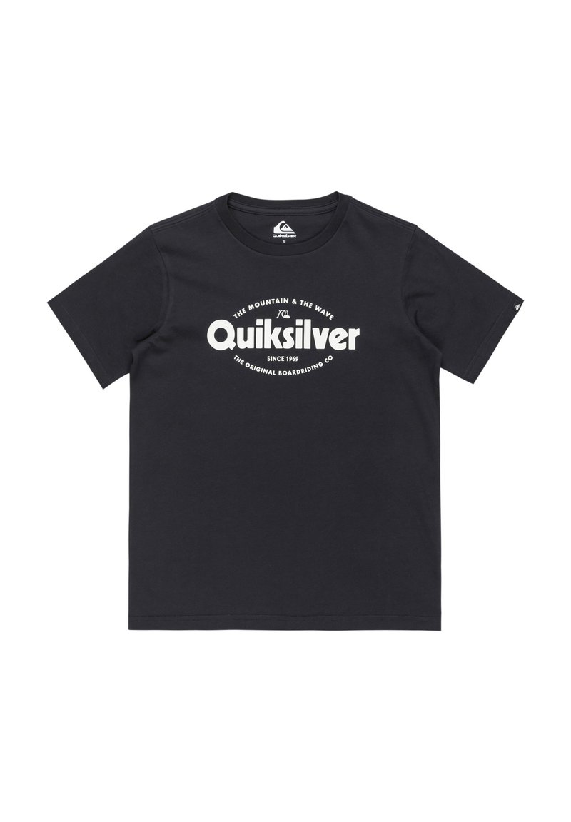 Černé tričko s krátkým rukávem vyrobené z bavlny. Na přední straně má bílé potištěné logo s textem "Quiksilver" a dalšími detaily.