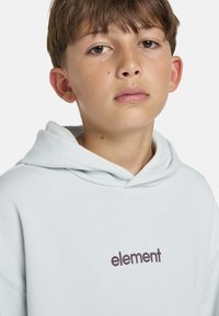 Felpa azzurra chiara con tasca a canguro sul davanti, caratterizzata dal testo "element" in grigio scuro. Realizzata in morbido tessuto di cotone testurizzato.