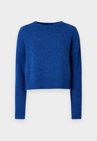 Pull court bleu à manches longues, tissu texturé, encolure ronde et ourlet côtelé. Design simple et uni.