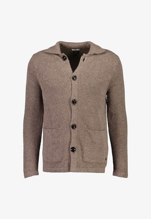 Cárdigan de punto marrón con cinco botones negros, dos bolsillos delanteros y un amplio cuello, exhibido sobre un fondo liso.