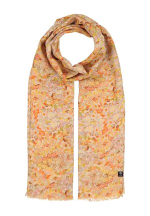 Lightweight scarf with an abstract floral pattern in soft orange, pink, and yellow tones, featuring a small black brand tag.