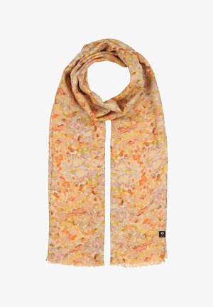Lightweight scarf with an abstract floral pattern in soft orange, pink, and yellow tones, featuring a small black brand tag.