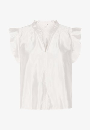 Blusa bianca in satin con maniche corte a volants e scollo a V. Presenta un orlo dritto e una leggera lucentezza sul tessuto.