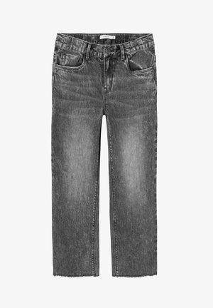 Szürke farmernadrág egyenes vágással, megfakult textúrával, öt zsebbel és nyers szegéllyel a bokánál. Klasszikus gombos és cipzáras záródással rendelkezik.