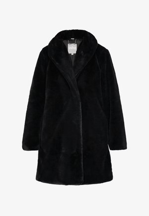 Musta tekoturkiskauluksella varustettu takki, jossa on pitkät hihat ja avonainen etuosa. Pehmeä rakenne, jossa on sileä pinta ja ilman näkyviä kiinnikkeitä.