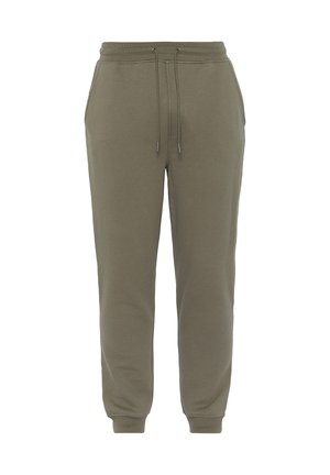 Olivenfarvede sweatpants lavet af blødt stof, med en elastisk talje med snore, sidelommer og indsnørede manchetter.