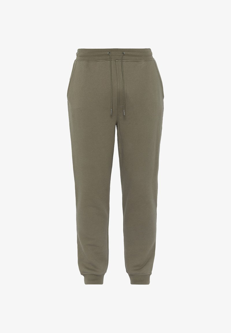 Olivenfarbene Sweatpants aus weichem Stoff, mit einem elastischen Bund und Zugbändern, Seitentaschen und schmal zulaufenden Bündchen.