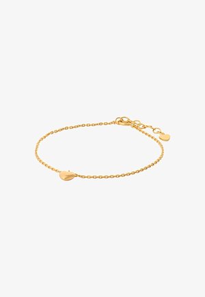 Delikatna narukvica od zlatnog lanca s malim glatkim privjeskom u obliku srca i podesivom kopčom s dodatnim linkovima.