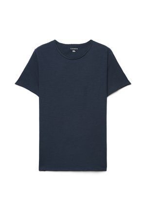 Maglietta blu navy in tessuto morbido, con maniche corte e collo rotondo. Nessun motivo o logo visibile. Taglia indicata XL.