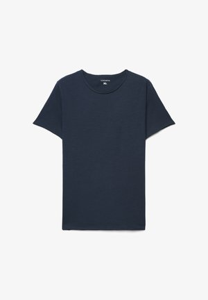 Maglietta blu navy in tessuto morbido, con maniche corte e collo rotondo. Nessun motivo o logo visibile. Taglia indicata XL.