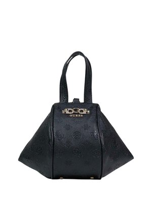 Borsa Guess in pelle nera texturizzata con una forma trapezoidale unica, doppi manici e logo hardware dorato sulla parte anteriore.