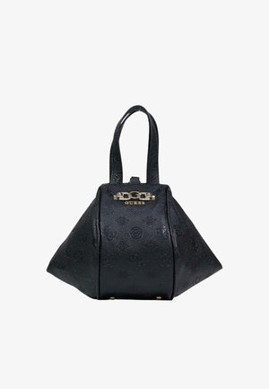 Borsa Guess in pelle nera texturizzata con una forma trapezoidale unica, doppi manici e logo hardware dorato sulla parte anteriore.