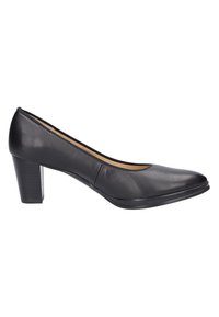 Black high-heeled shoe made of smooth leather, featuring a pointed toe and a block heel. Minimalist design with no visible embellishments.