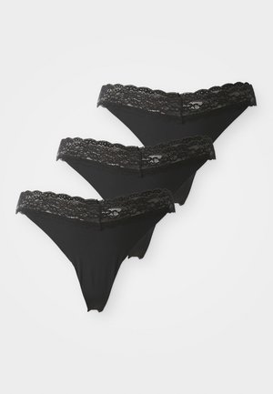 Black lace-trimmed thong underwear in a pack of three, featuring soft fabric, a high-cut design, and delicate lace accents along the waistband.
