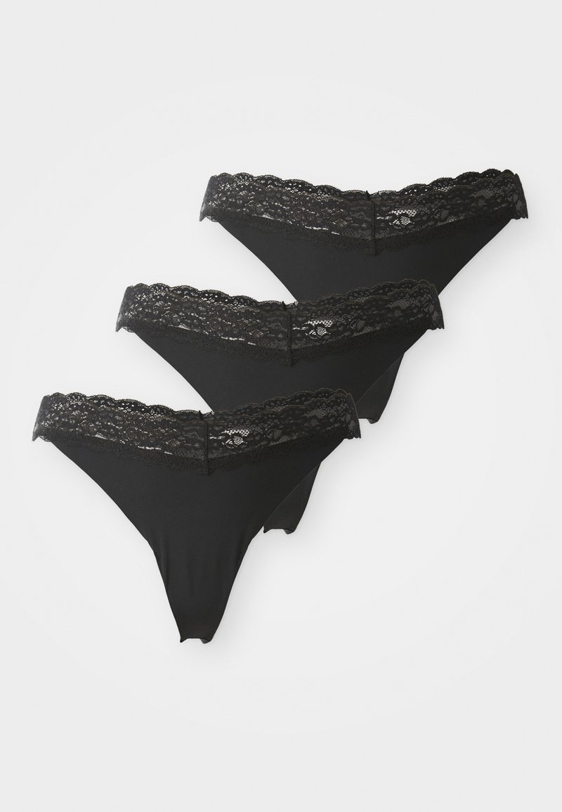 Μαύρο εσώρουχο thong με δαντελένιες λεπτομέρειες σε πακέτο τριών τεμαχίων, με απαλό ύφασμα, ψηλή κοπή και λεπτές δαντελένιες λεπτομέρειες κατά μήκος της μέσης.
