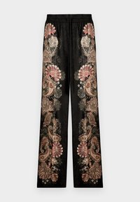 Black wide-leg pants with intricate pink, beige, and brown floral and paisley embroidery design along the front sides. Elastic waistband.
