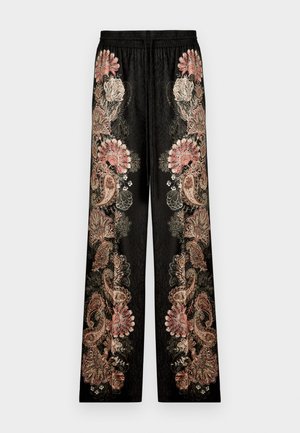 Pantaloni neri a gamba larga con un intricato motivo di ricami floreali e paisley in rosa, beige e marrone lungo i lati anteriori. Vita elastica.