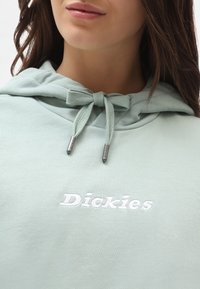 Sudadera verde menta con capucha ajustable, que presenta el logotipo bordado "Dickies" en blanco. Textura suave, estilo casual y detalles metálicos en plata.