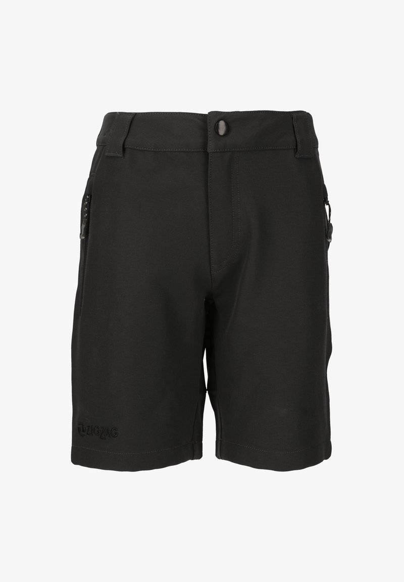 Schwarze Shorts aus leichtem Material mit geradem Schnitt, seitlichen Taschen, Knopfverschluss und gesticktem Logodetail.