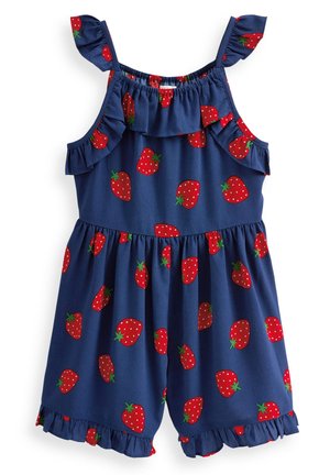 Combinaison sans manches bleu marine avec des volants sur les bretelles et l'ourlet, décorée d'un motif de fraises rouges vives avec des feuilles vertes.