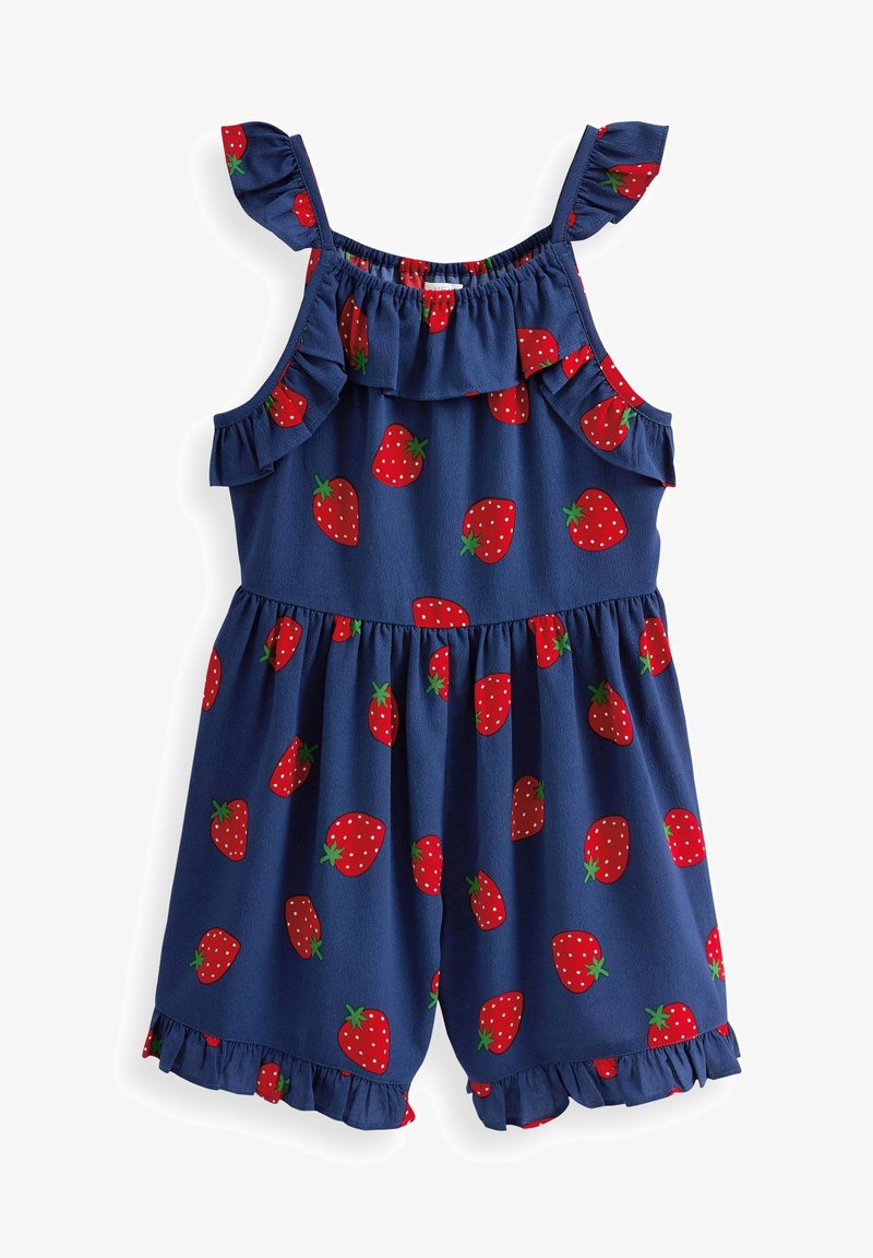 Combinaison sans manches bleu marine avec des volants sur les bretelles et l'ourlet, décorée d'un motif de fraises rouges vives avec des feuilles vertes.