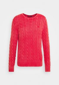 Maglione rosso a coste con scollatura tonda e maniche lunghe. Presenta un motivo testurizzato e polsini e orlo a coste. Materiale leggero.