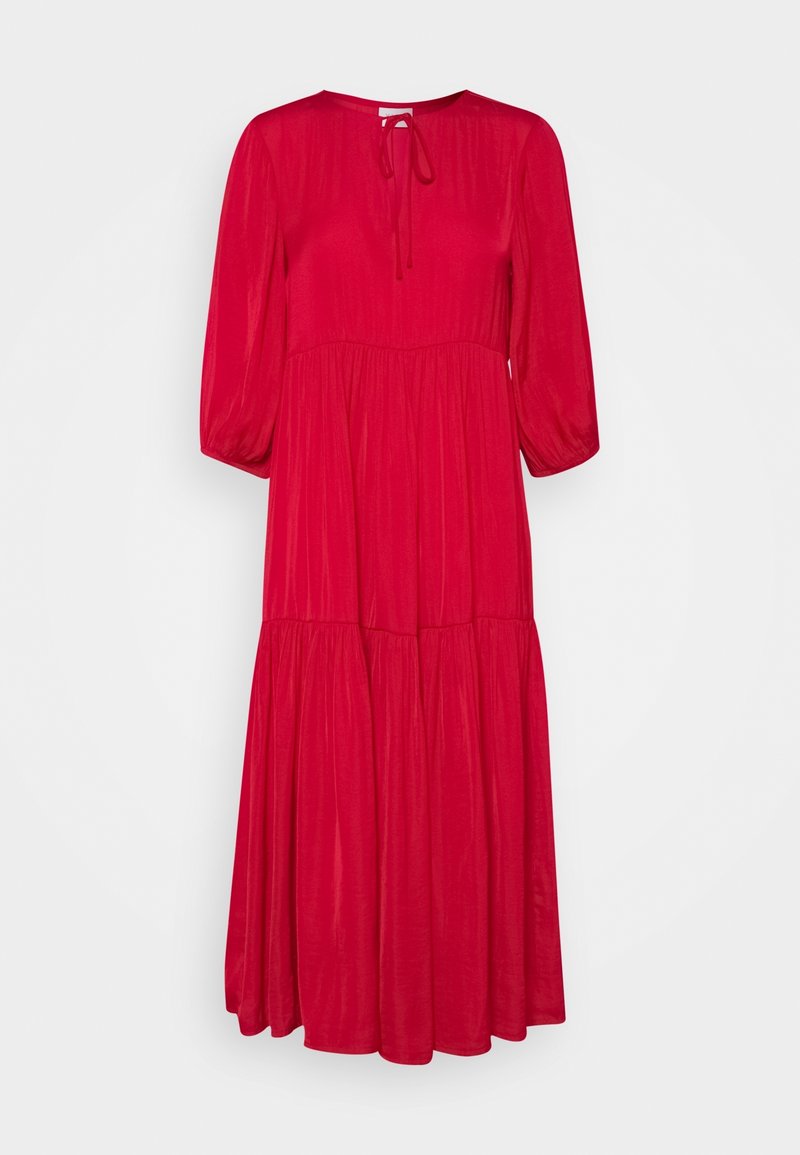 Robe midi rouge avec manches ballon trois-quarts, encolure ronde, détail noué au dos et jupe à volants froncée.