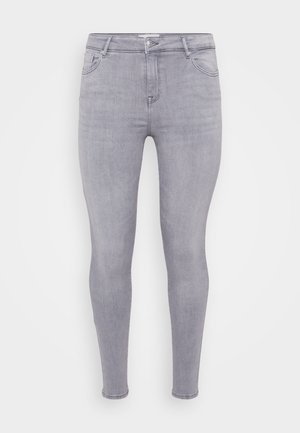 Gray skinny jeans made from denim, featuring a classic five-pocket design, zipper fly, and a smooth texture with slight stretch.