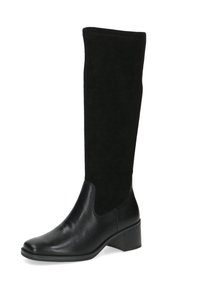 Botas negras hasta la rodilla con puntera de cuero, parte superior de ante, un tacón de bloque ligeramente acampanado y una textura suave. Diseñadas para un ajuste ceñido.