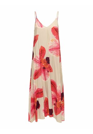 Beige sleeveless maxi dress with spaghetti straps featuring large pink and red floral prints.