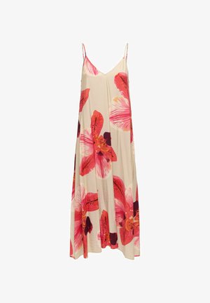 Beige sleeveless maxi dress with spaghetti straps featuring large pink and red floral prints.