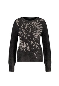 Schwarzer Strickpullover mit einem hellgrauen abstrakten Druck, Rundhalsausschnitt, langen Ärmeln und einer weichen Textur.