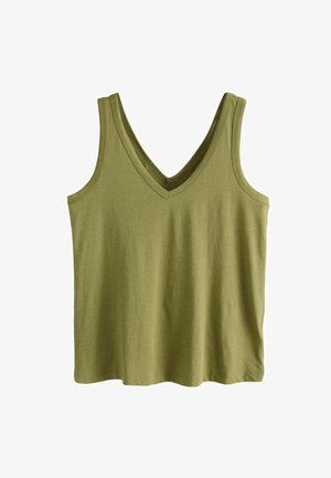 Zelený bavlnený top bez rukávov s V-výstrihom. Mäkká textúra, voľnejší strih. Šité švy pozdĺž okrajov.