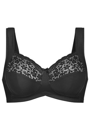 Zwarte bh met een gladde onderband en een bovenstuk van kant. Brede banden en een centraal strikaccent. Zachte textuur overal.