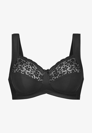 Zwarte bh met een gladde onderband en een bovenstuk van kant. Brede banden en een centraal strikaccent. Zachte textuur overal.