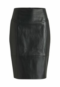 Black leather pencil skirt with a smooth texture, featuring two front pockets and a concealed back zipper. Slim fit with seam detailing.