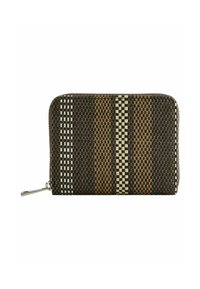 Woven zip wallet featuring a brown and tan striped pattern, textured finish, and silver hardware accent for the zipper pull.