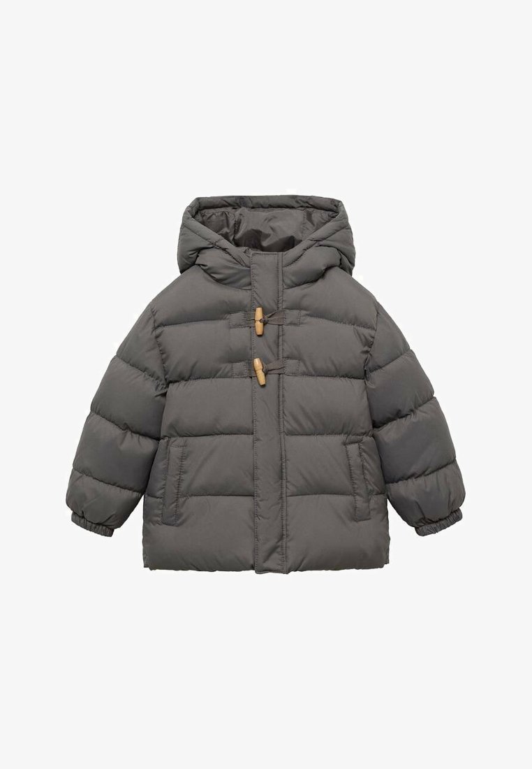 Dunkelgraue Puffjacke mit Kapuze, ausgestattet mit einem gesteppten Design, Holz-Toggle-Verschlüssen und elastischen Bündchen für einen engen Sitz.