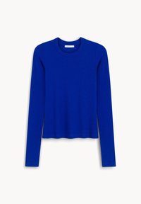 Sweter z długim rękawem, dopasowany, typu crew neck w jednolitym, jasnoniebieskim kolorze z ryżowym splotem, wyeksponowany na płasko na białym tle.