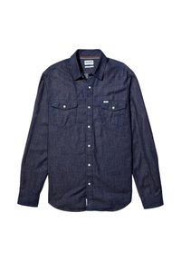 Camicia in denim blu scuro con maniche lunghe, colletto a punta, due tasche sul petto con patta e bottoni bianchi. Tessuto liscio.