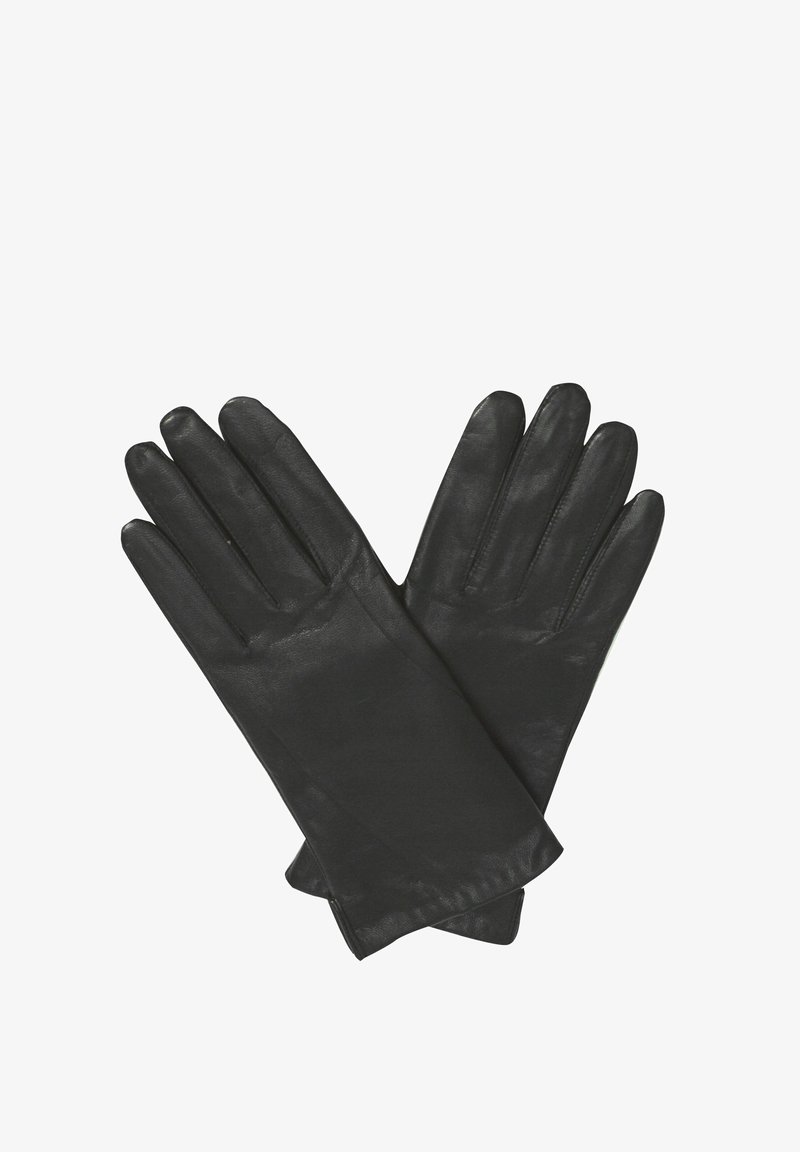 Black leather gloves with a smooth texture, fitted design, and five-finger coverage. No visible hardware or patterns.