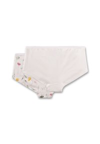 Twee paar damescotton onderbroeken, één effen wit en één wit met een kleurrijk bloemenpatroon, plat gelegd op een witte achtergrond.
