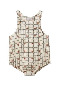 Combinaison pour bébé couleur crème avec un motif en grille noire et de petits visages d'ourson marron, dotée de bretelles à boutons.