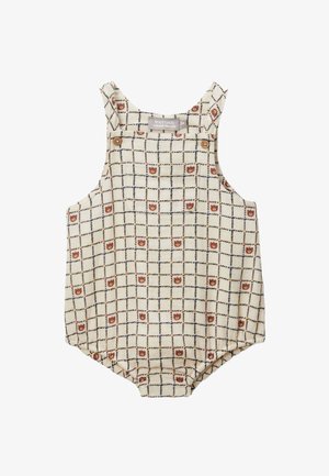 Combinaison pour bébé couleur crème avec un motif en grille noire et de petits visages d'ourson marron, dotée de bretelles à boutons.