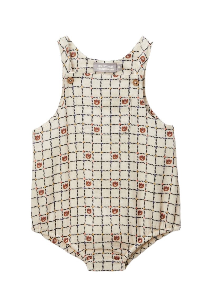 Combinaison pour bébé couleur crème avec un motif en grille noire et de petits visages d'ourson marron, dotée de bretelles à boutons.