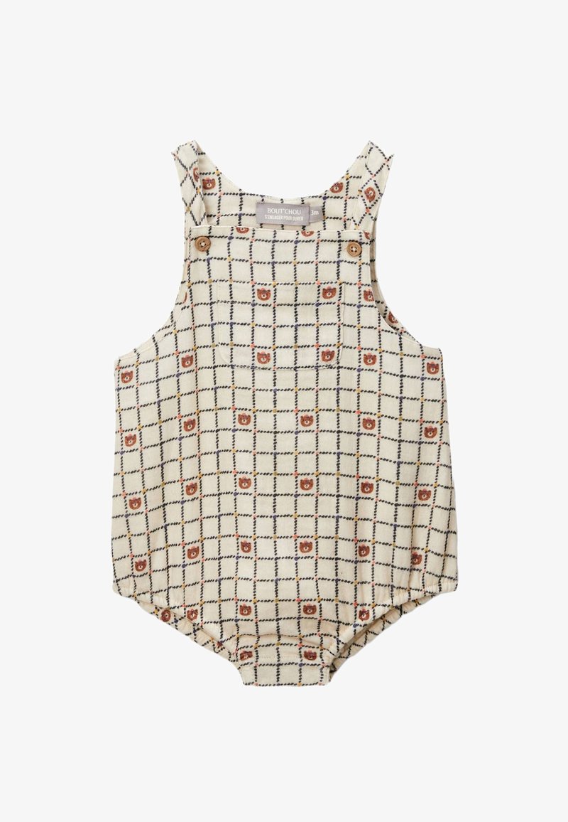 Combinaison pour bébé couleur crème avec un motif en grille noire et de petits visages d'ourson marron, dotée de bretelles à boutons.