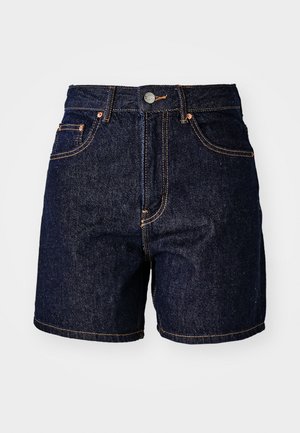 Dark blue denim shorts featuring a high waist, five-pocket design, and orange stitching along the seams for added detail.