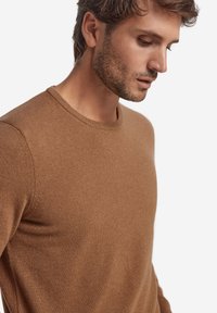 Brun stickad tröja med rund halsringning, slät textur och långa ärmar, med en figurnära design och subtila sömnadsdetaljer.