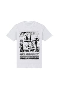 Bílé tričko s černým grafickým potiskem postav a textu, včetně Jacka Skellingtona a Sally, s motivy na téma Halloween.